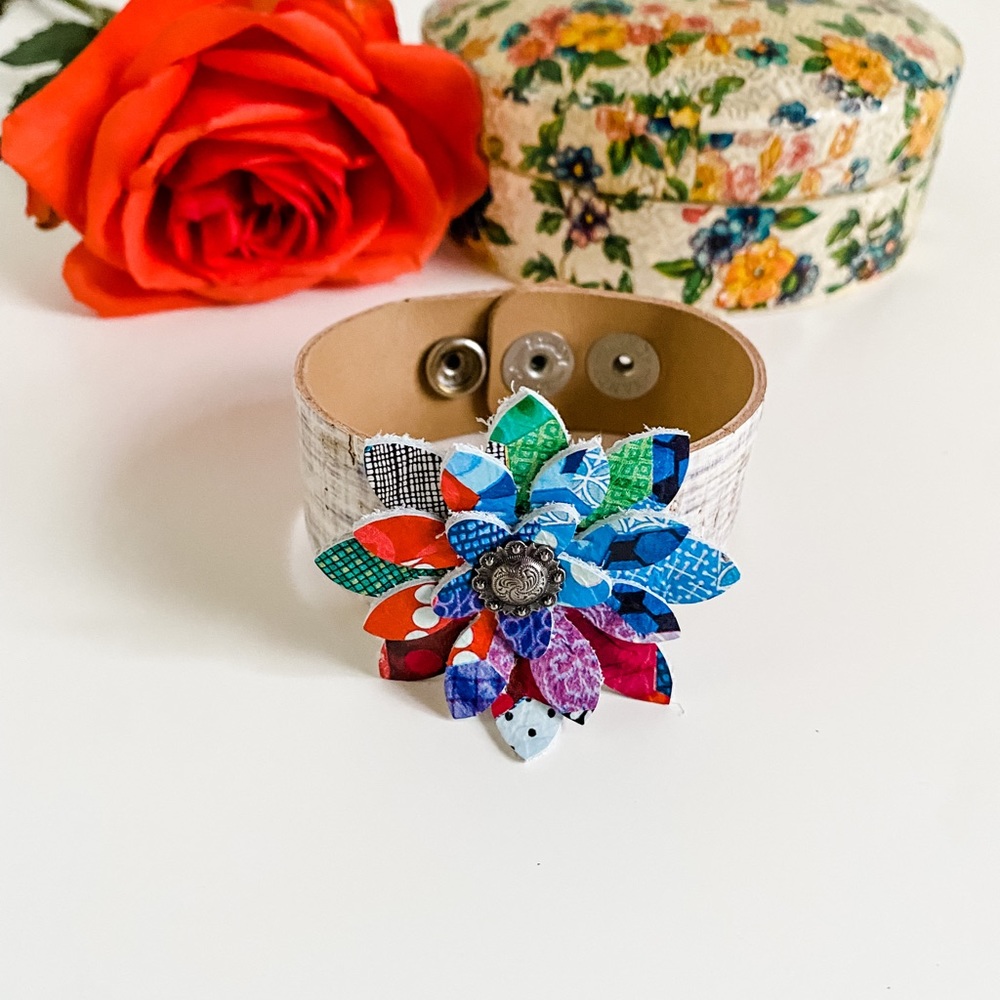 Women’s Boho Flower Leather Cuff Bracelet, Shabby Chic Cottagecore Bracelet